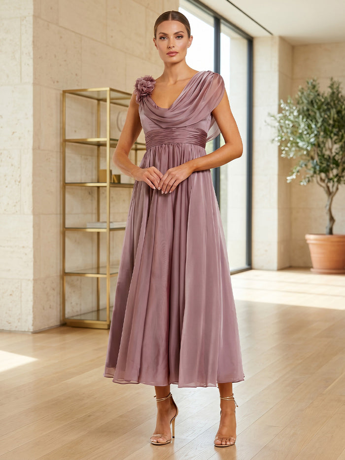 Chiffon A-Line Cowl Neck Formal Dresses with 3D Flowers