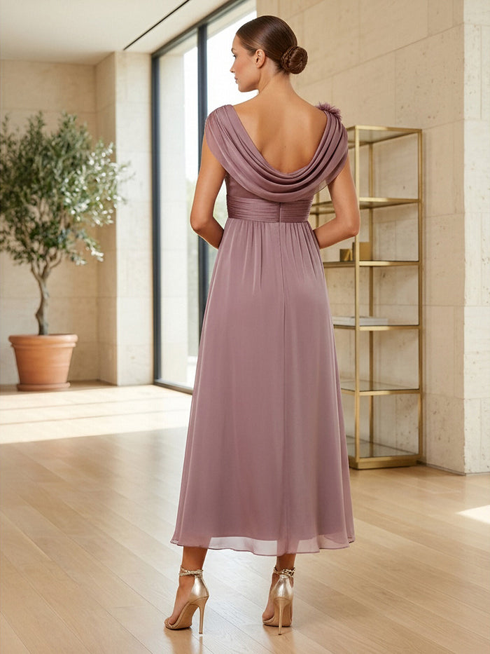 Chiffon A-Line Cowl Neck Formal Dresses with 3D Flowers