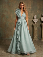 Elegant Long A-Line Tulle V Neck Tiered Evening Dresses