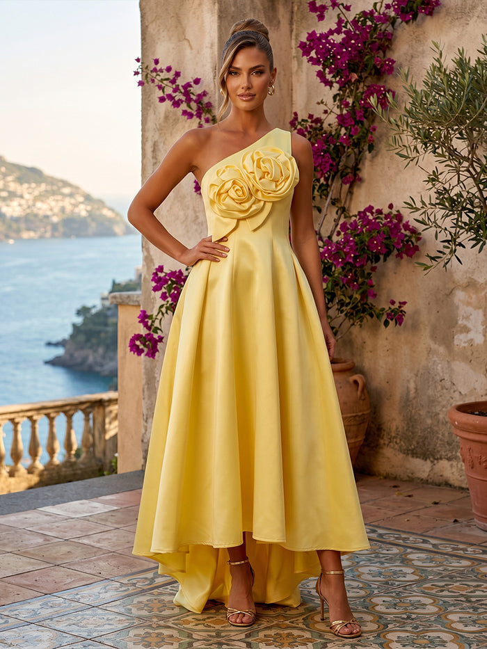 Satin High Low One Shoulder Formal Dresses with 3D Flowers