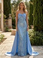 Sweetheart Satin Sequin Sheath Evening Dresses with Bow Train