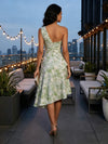 Floral One Shoulder Tea Length Formal Dresses with Ruffles