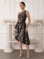 Floral One Shoulder Tea Length Cocktail Dresses with Ruffles