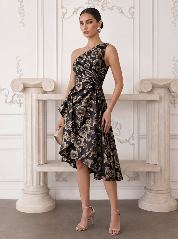 Floral One Shoulder Tea Length Cocktail Dresses with Ruffles