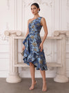 Floral One Shoulder Tea Length Cocktail Dresses with Ruffles