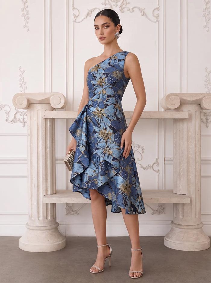 Floral One Shoulder Tea Length Cocktail Dresses with Ruffles