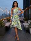 Floral One Shoulder Tea Length Formal Dresses with Ruffles