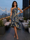 Floral One Shoulder Tea Length Formal Dresses with Ruffles
