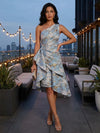 Floral One Shoulder Tea Length Formal Dresses with Ruffles