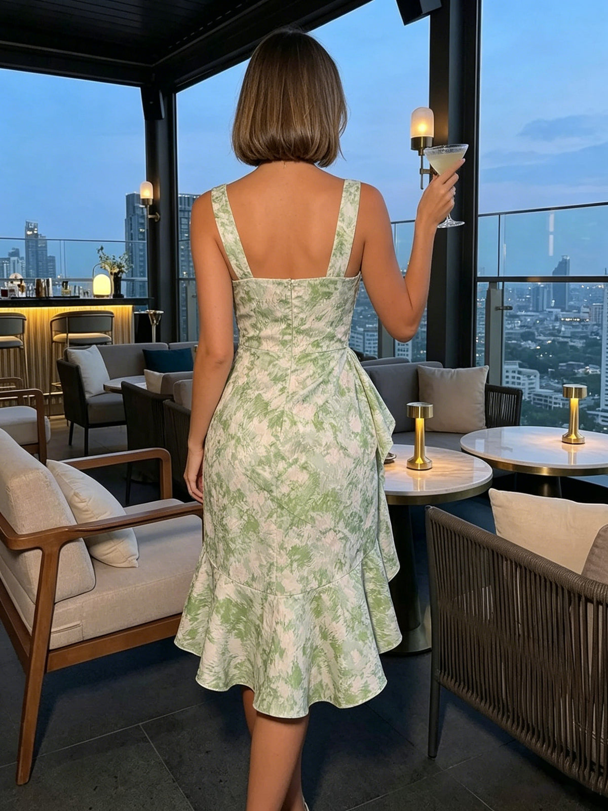 A-Line Floral Square Neck Formal Dresses with Ruffles