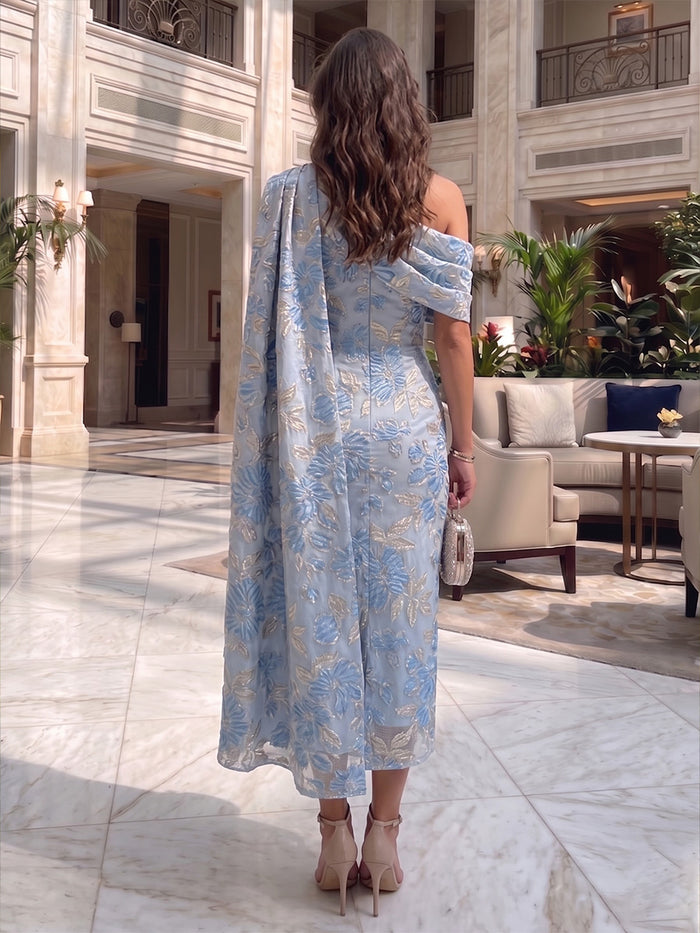Jacquard Sheath One Shoulder Floral Formal Dresses