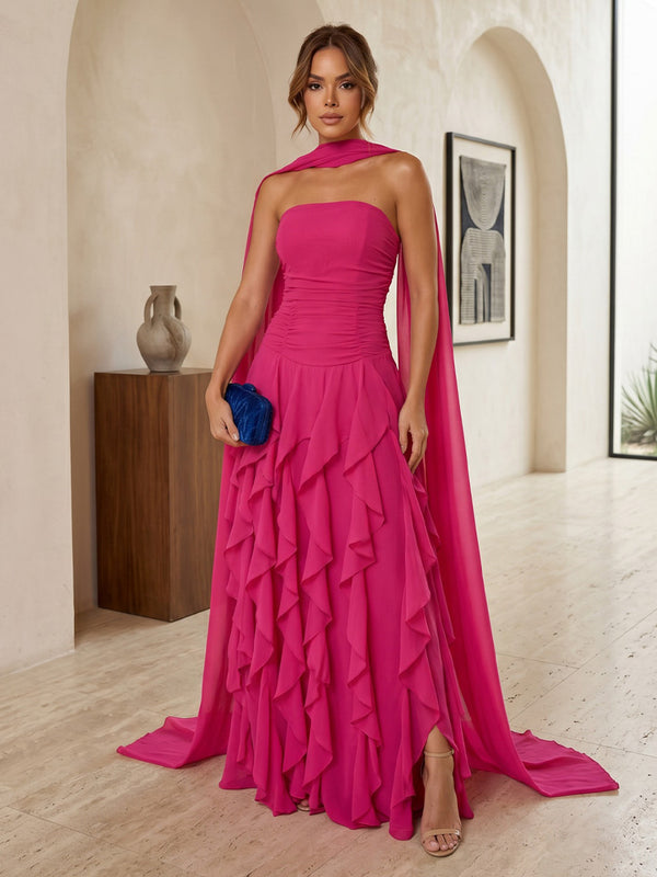 Chiffon A-Line Strapless Formal Dresses with Scarf