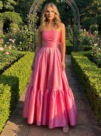 Satin A-Line Strapless Tiered Formal Dresses