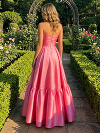 Satin A-Line Strapless Tiered Formal Dresses