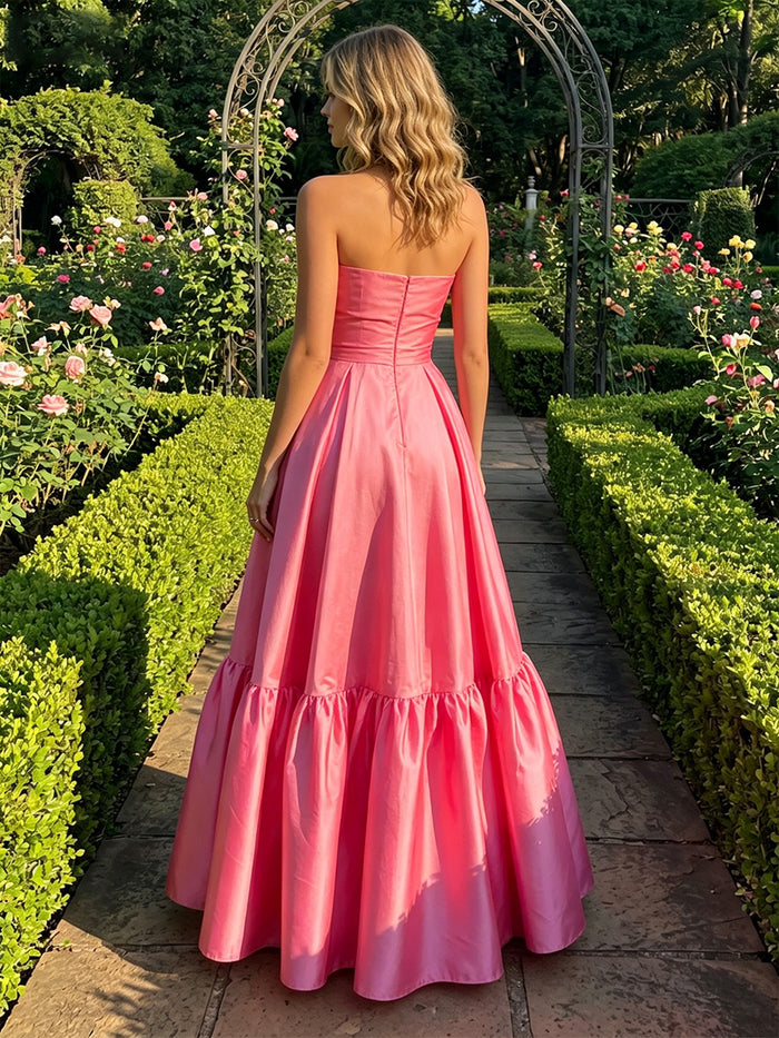 Satin A-Line Strapless Tiered Formal Dresses