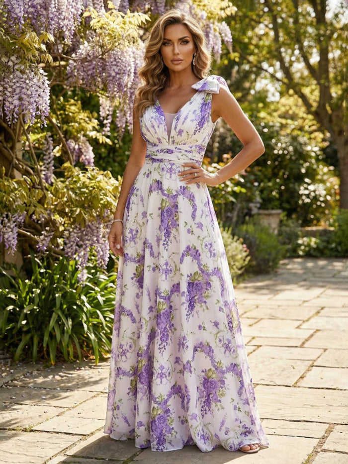 Chiffon A-Line V Neck Floral Print Formal Dresses