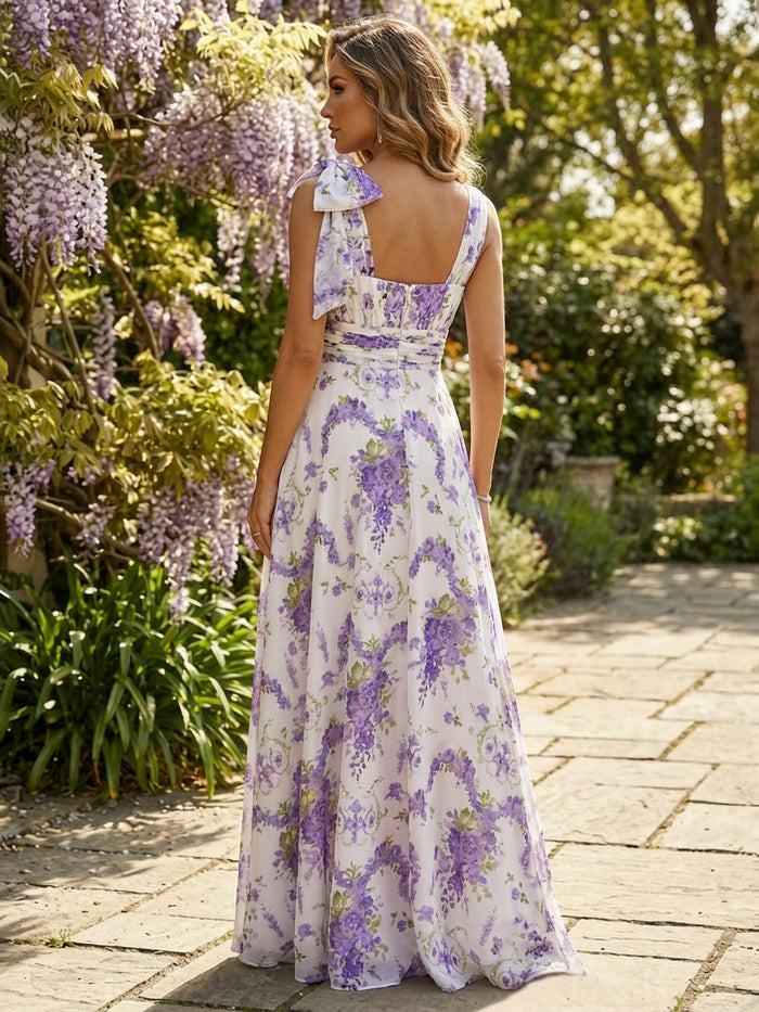 Chiffon A-Line V Neck Floral Print Formal Dresses