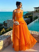Elegant Long Strapless Chiffon A-Line Pleated Formal Dresses with Layers & Scarf