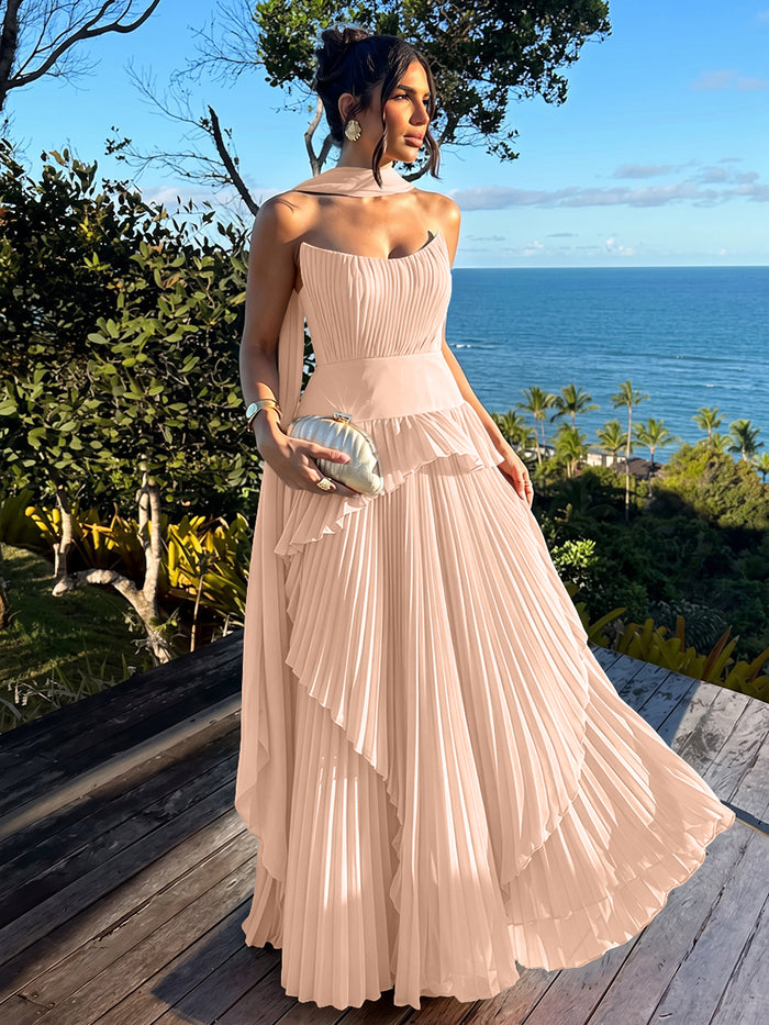 Elegant Long Strapless Chiffon A-Line Pleated Formal Dresses with Layers & Scarf
