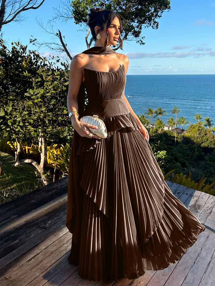 Elegant Long Strapless Chiffon A-Line Pleated Formal Dresses with Layers & Scarf