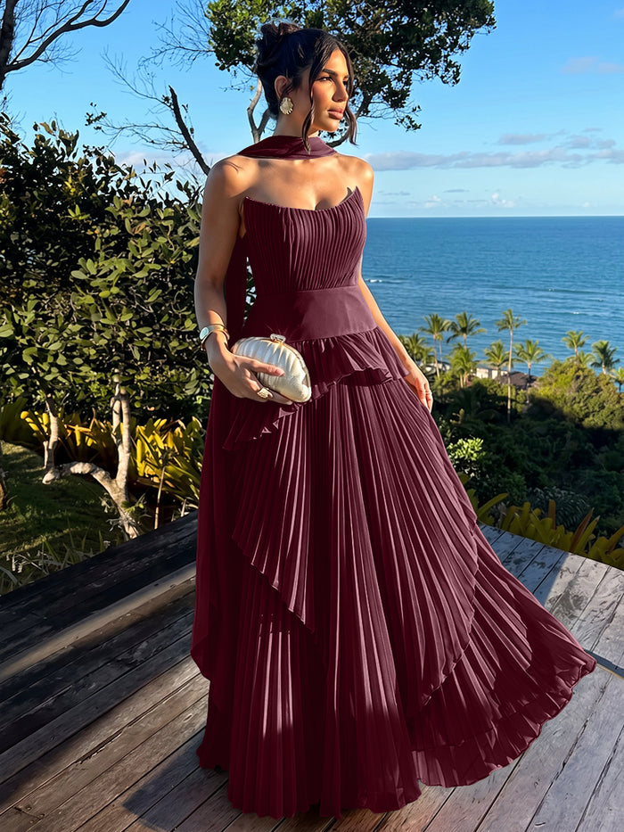Elegant Long Strapless Chiffon A-Line Pleated Formal Dresses with Layers & Scarf