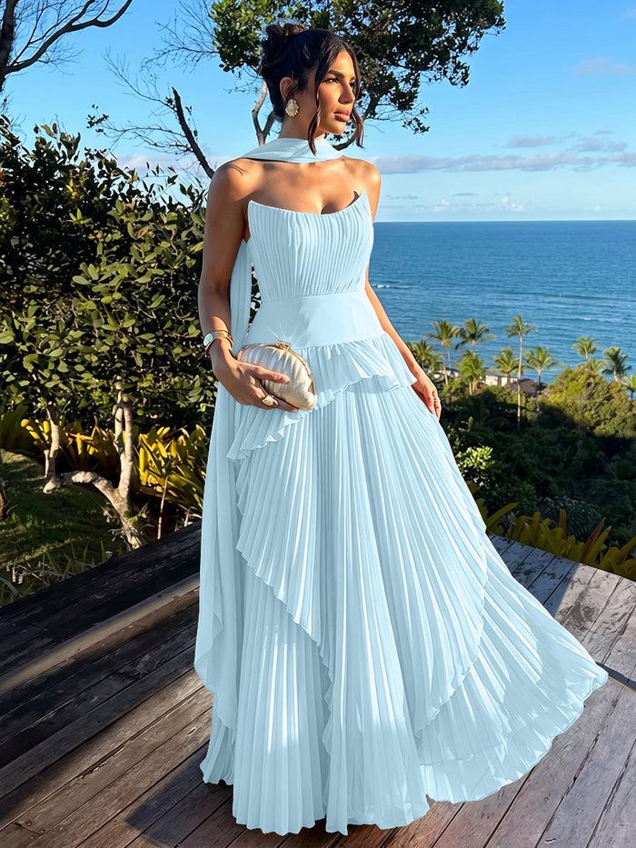 Elegant Long Strapless Chiffon A-Line Pleated Formal Dresses with Layers & Scarf