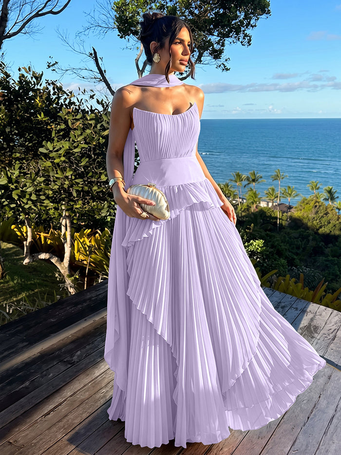 Elegant Long Strapless Chiffon A-Line Pleated Formal Dresses with Layers & Scarf