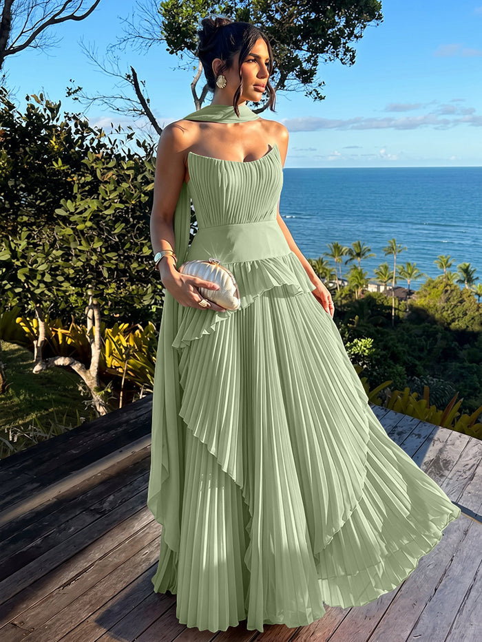 Elegant Long Strapless Chiffon A-Line Pleated Formal Dresses with Layers & Scarf