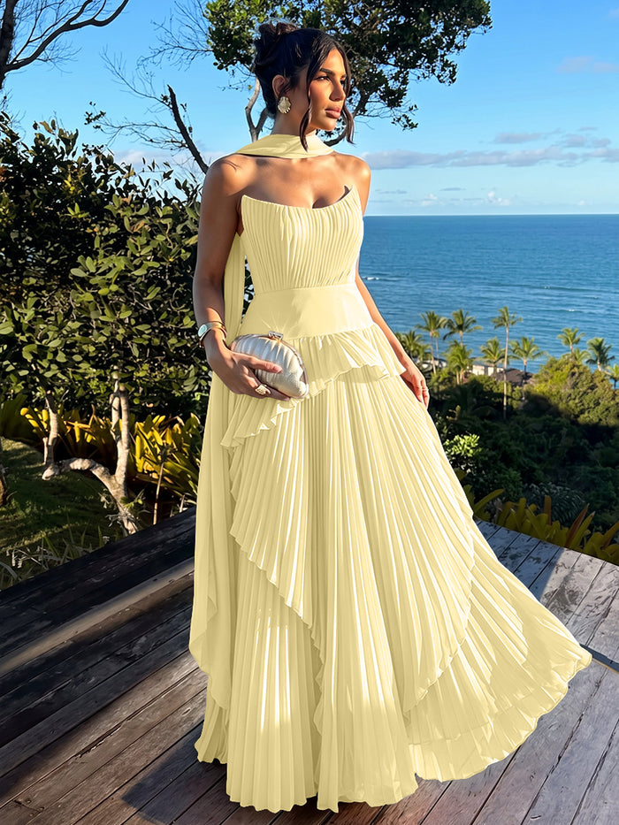 Elegant Long Strapless Chiffon A-Line Pleated Formal Dresses with Layers & Scarf