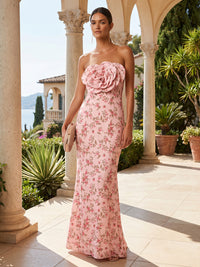 Chiffon Mermaid Strapless Floral Print Formal Dresses