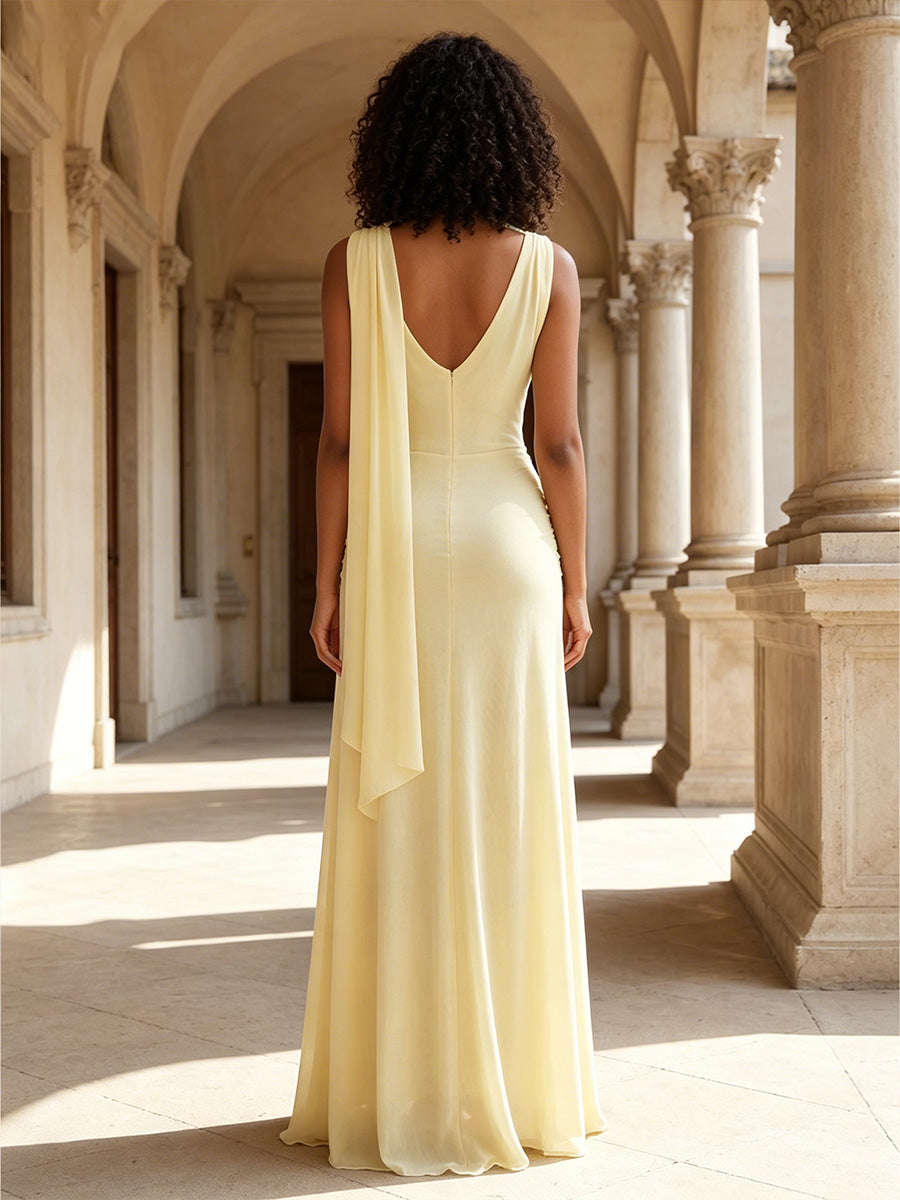 Chiffon A-Line Cowl Neck Formal Dresses with Scarf