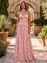 Chiffon A-Line Sweetheart Floral Print Formal Dresses