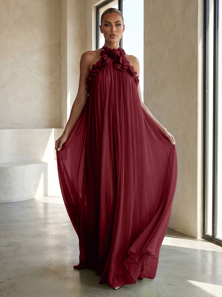 Chiffon A-Line Halter Formal Dresses with 3D Flowers