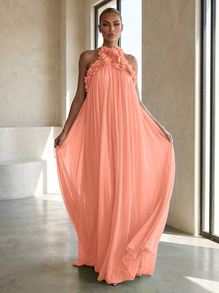 Chiffon A-Line Halter Formal Dresses with 3D Flowers