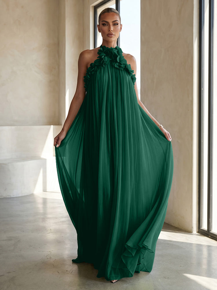 Chiffon A-Line Halter Formal Dresses with 3D Flowers