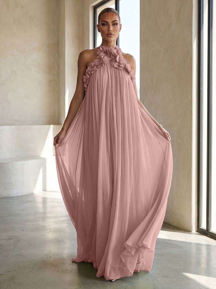 Chiffon A-Line Halter Formal Dresses with 3D Flowers