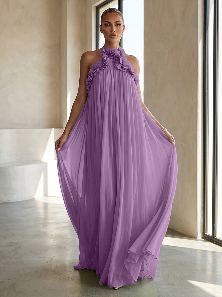 Chiffon A-Line Halter Formal Dresses with 3D Flowers
