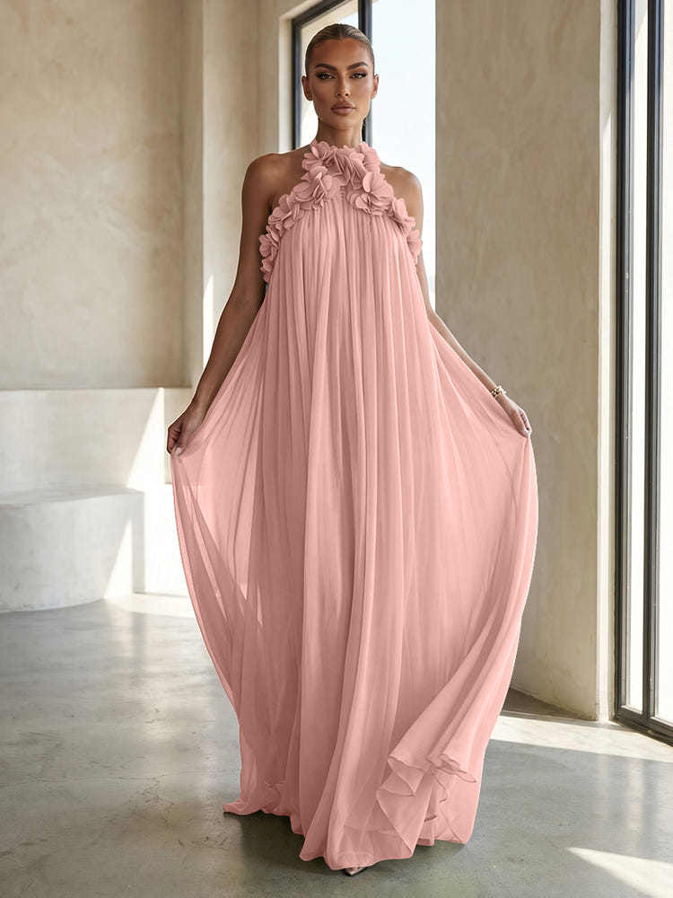 Chiffon A-Line Halter Formal Dresses with 3D Flowers