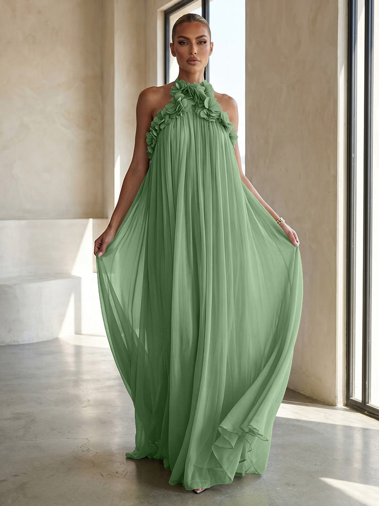 Chiffon A-Line Halter Formal Dresses with 3D Flowers