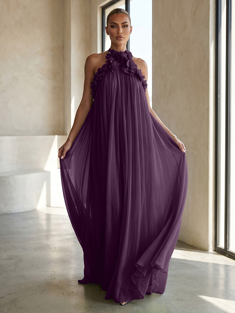 Chiffon A-Line Halter Formal Dresses with 3D Flowers