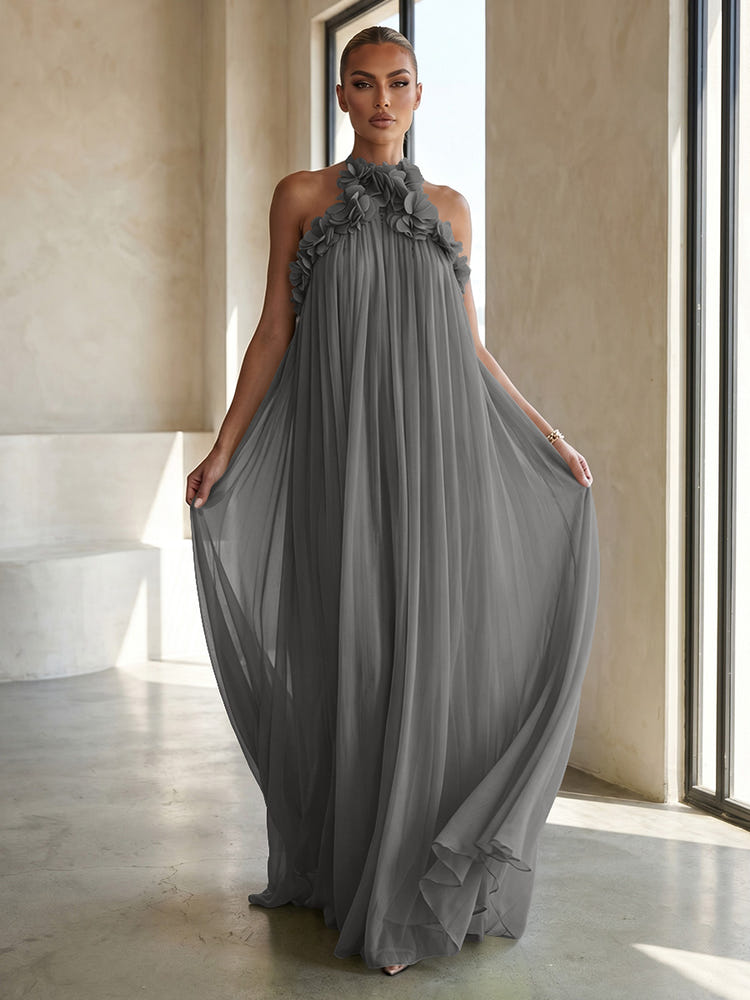 Chiffon A-Line Halter Formal Dresses with 3D Flowers