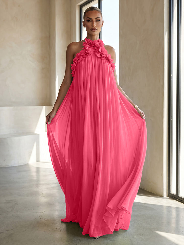 Chiffon A-Line Halter Formal Dresses with 3D Flowers