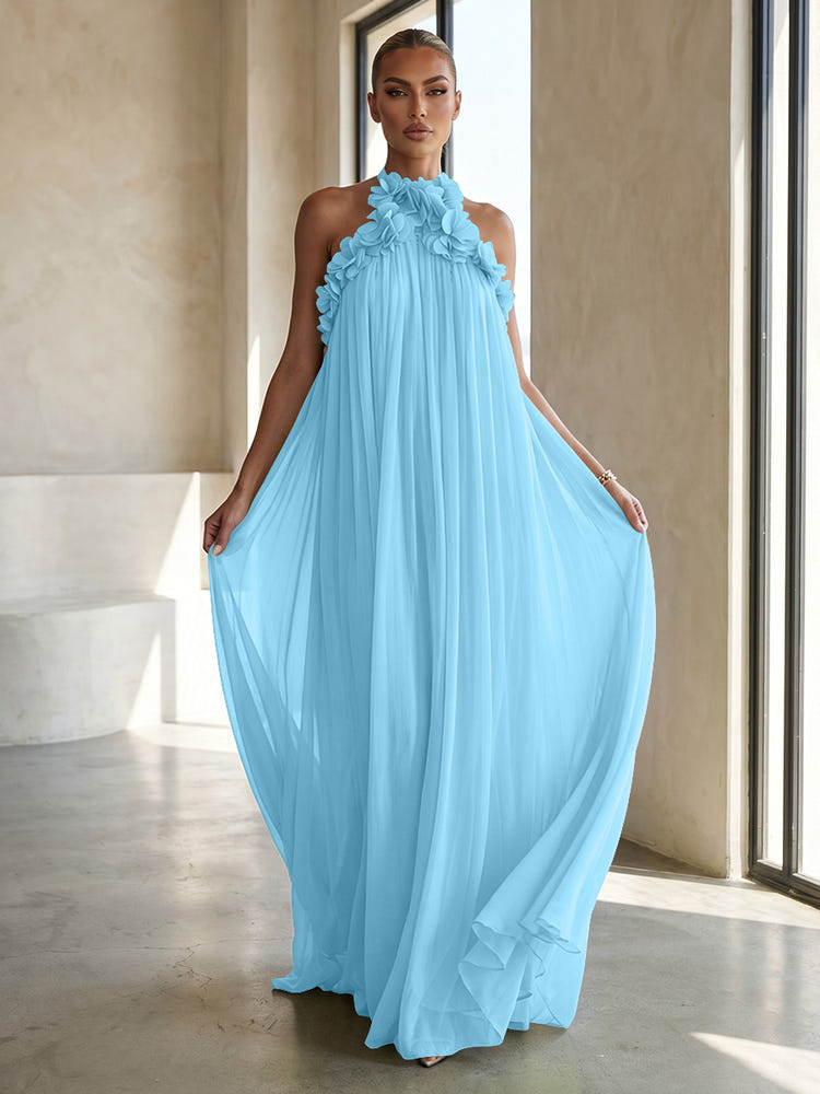 Chiffon A-Line Halter Formal Dresses with 3D Flowers