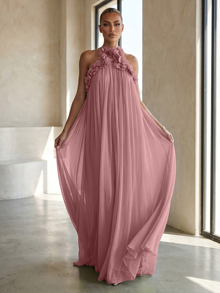 Chiffon A-Line Halter Formal Dresses with 3D Flowers