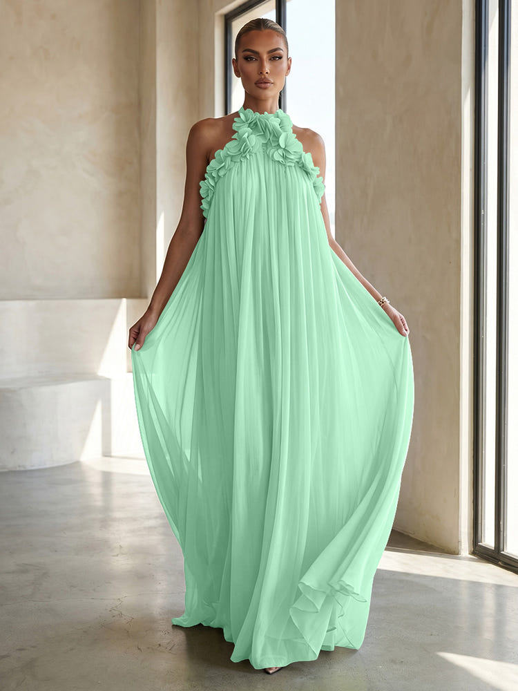 Chiffon A-Line Halter Formal Dresses with 3D Flowers