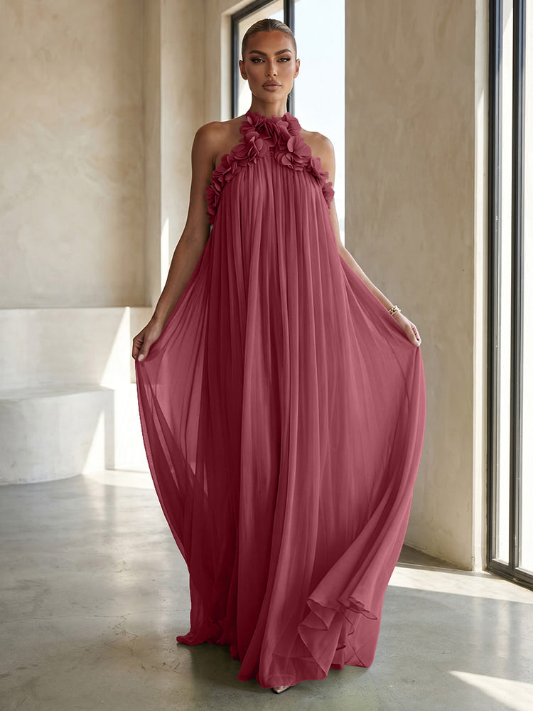Chiffon A-Line Halter Formal Dresses with 3D Flowers