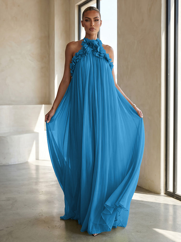 Chiffon A-Line Halter Formal Dresses with 3D Flowers