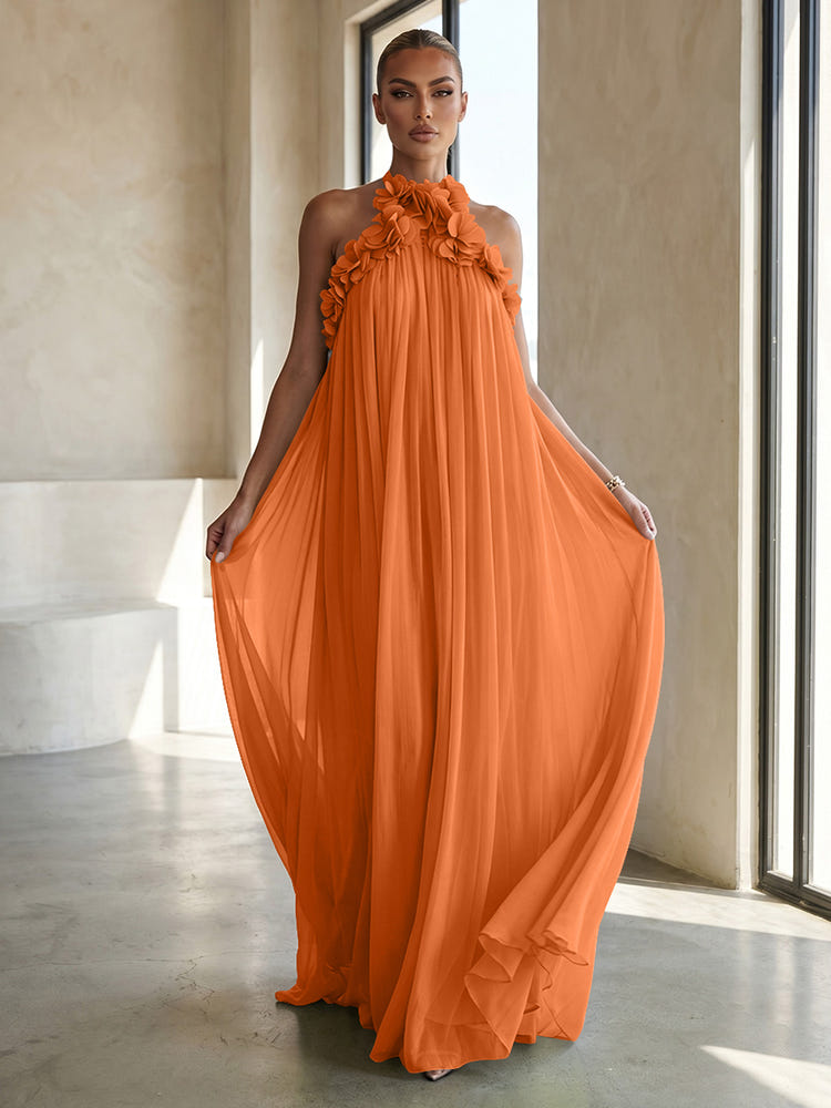 Chiffon A-Line Halter Formal Dresses with 3D Flowers