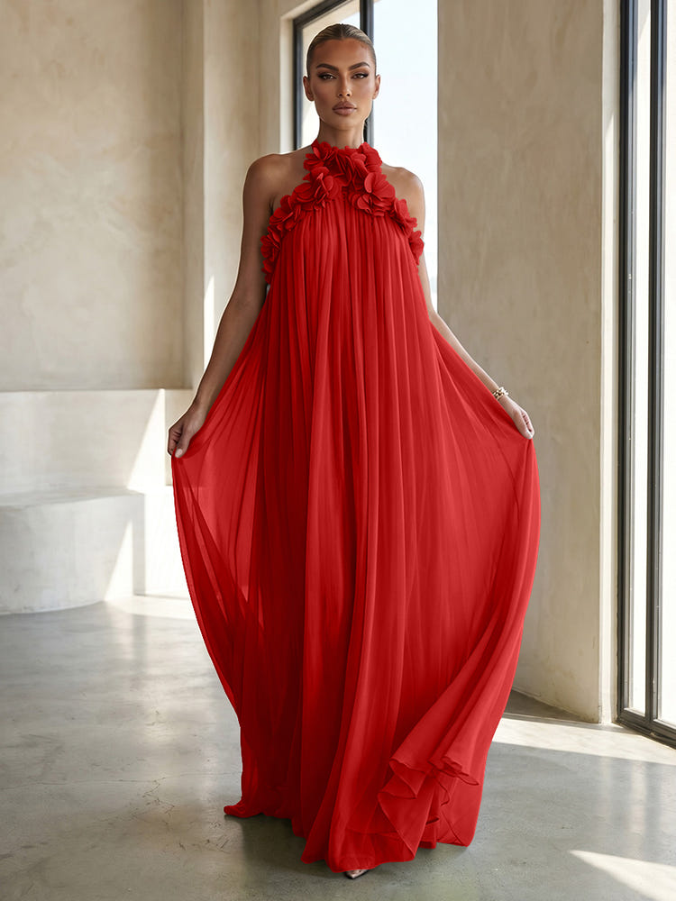 Chiffon A-Line Halter Formal Dresses with 3D Flowers