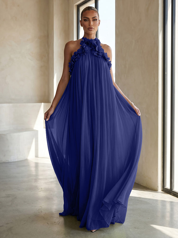 Chiffon A-Line Halter Formal Dresses with 3D Flowers